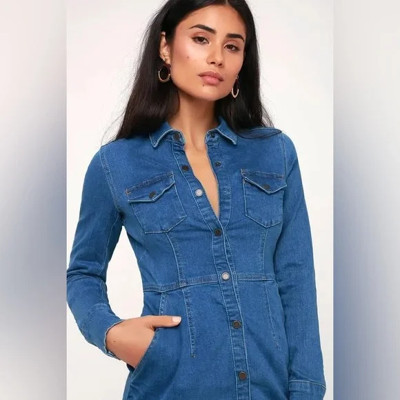 Free People Dynomite Medium Wash Long Sleeve Denim Dress - Picture 1 of 8